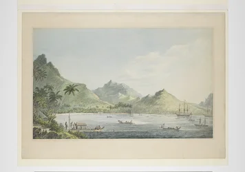 16: Een Uitzicht op Huaheine, uit een serie aquarellen die de laatste reis van Kapitein Cook illustreren, c.1773-84