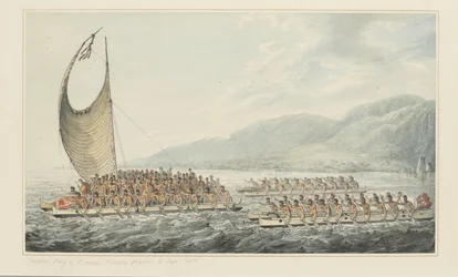 35: Tereoboo, Koning van Owyhee, brengt geschenken aan Kapitein Cook, uit een serie aquarellen die de laatste reis van Kapitein Cook illustreren, c.1773-84 (aquarel op papier)