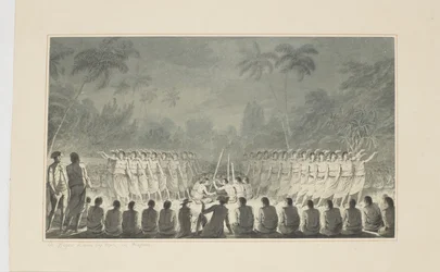 Een nachtelijke dans door mannen, in Hapaee, uit een serie aquarellen die de laatste reis van Kapitein Cook illustreren, ca. 1773-84
