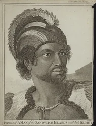 Een man van de Sandwich-eilanden met zijn helm