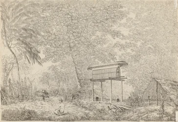 Een Toopapapoo van een hoofdman, met een priester die zijn offer brengt aan de Morai, in Huoheine