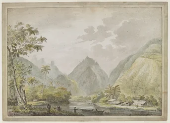 Een uitzicht omhoog de Vaitepiha Rivier met twee Tahitianen in een kano op de voorgrond, en twee anderen op de oever. Tahitiaanse huizen aan de rechterkant. Augustus 1777