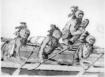 Dubbele kano met roeiers, Hawaï, 18e eeuw