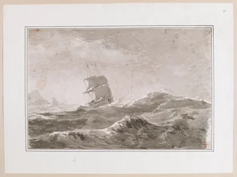 Tekening van een Europees schip onder zeil in zware zee; waarschijnlijk niet een van Cook