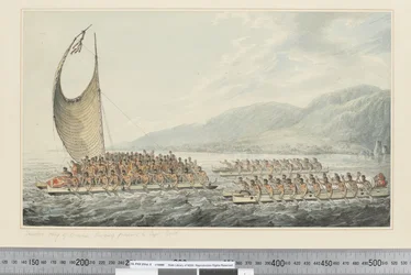 Tereoboo, koning van Owyhee, brengt geschenken aan kapitein Cook