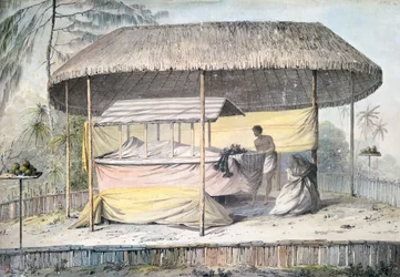 Begrafenis met overledene onder baldakijn, Tahiti, Genootschapseilanden, aquarel door John Webber uit beschrijving van de laatste reis van kapitein James Cook, Polynesië