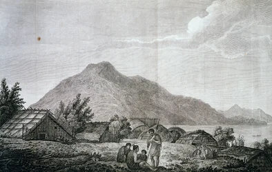 Binnenkant van hippah op het eiland Motuara, gebaseerd op tekening van John Webber (1750-1793), uit verslag van laatste reis van James Cook (1776-1779), gravure