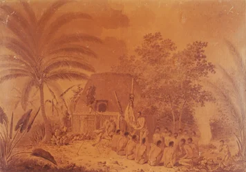 Aanbiedingen aan Kapitein James Cook, gravure door John Webber, Polynesië 18e eeuw