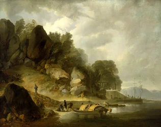 Uitzicht op Macau, nabij de Guangdong-rivier (of Parelrivier) (China). Olieverf op doek