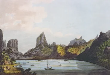 Uitzicht op de haven van Taloo op het eiland Eimeo, uit 