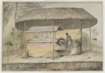 Waheiadooa, hoofd van Oheitepeha, opgebaard, vastgelegd door Kapitein Cook tijdens zijn bezoek aan Tahiti op 19 augustus 1777. Een rouwplatform ondersteunt het omhulde lijk en een bediende. Ze worden beschut door een grasdak en omgeven door een lage p...