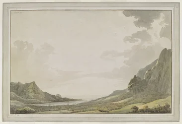[Gehele tekening]. Een uitzicht vanaf Aimeo Haven [Papetoai Baai], kijkend naar de zee; de masten van de 