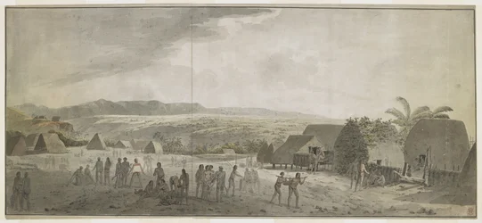 Tekening van het bezoek van Captain Cook aan het dorp Waimea, Atooi [Kauai], januari 1778. Sommige mannen rollen vaten, anderen ruilen met Hawaiianen. Rechts dragen twee inboorlingen een varken aan een paal. Op de achtergrond inheemse hutten
