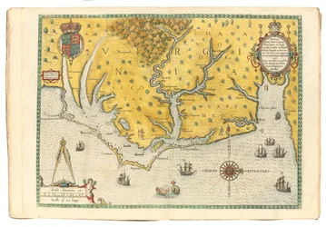 Kaart van Virginia met de aankomst van de expeditie van Sir Walter Raleigh in 1585