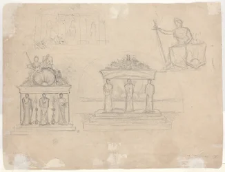 Studies van klassieke tempelgevels en zittende vrouwelijke figuur [verso]