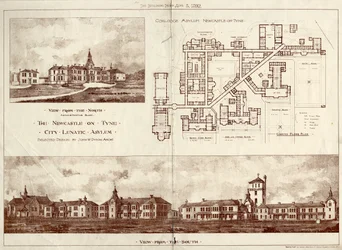 Het krankzinnigengesticht van Newcastle upon Tyne, Coxlodge, ca. 1829 (fotolitho)