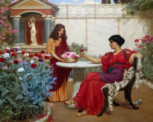 "De keuze. Een burgerlijke vrouw in het oude Rome, zittend op een stoel bedekt met een dierenhuid, kiest een bloem uit de bloemen die haar worden aangeboden door een dienstmeisje. Schilderij van John William Godward (1861-1922) 1907 Privécollectie