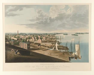 Philadelphia vanaf het Scheepshuis in de Marinewerf Kijkend naar de Rivier Delaware