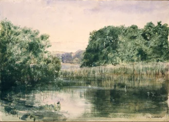 Uitzicht op een meer met bomen, 1857