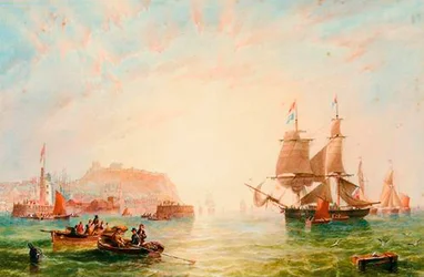 Een Handelsbrigantijn en Andere Schepen bij de Ingang van Scarborough