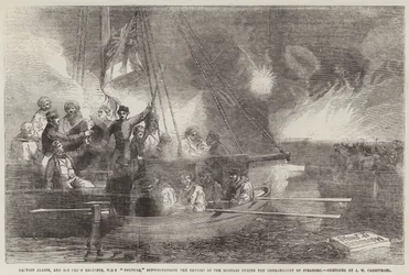 Kapitein Glasse en zijn Hoofdingenieur, HMS Vulture, toezicht houdend op de Reparaties van de Mortieren tijdens het Bombardement van Sveaborg
