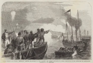 Kapitein Hewlett, CB, van HMS Edinburgh, die de bewegingen van de Snapper en Stork kanonneerboten bij een Russische driemaster tussen Gustafsvern en Bartholomew leidt