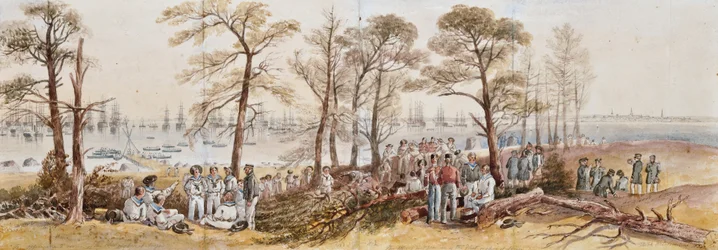 De officieren en zeelieden van de vloot aan land bij Nargen, 1855