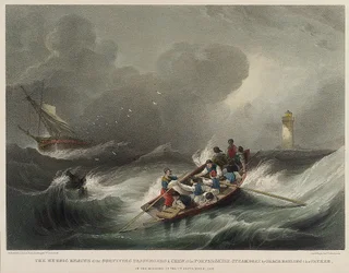 De heldhaftige redding van de passagiers en bemanning van het stoomschip Forfarshire, door Grace Darling en haar vader, op de ochtend van 7 september