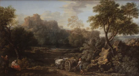 Een rustieke met ossenkar en andere reizigers in een boslandschap, ca.1740 (olieverf op doek)
