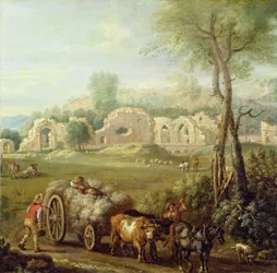 Hooiwagen passeert een verwoeste abdij, c.1740-50