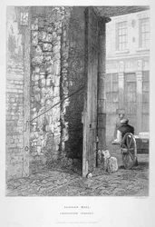 Cripplegate Postern, op het kerkhof van St Giles zonder Cripplegate, London Wall, Londen, 1851
