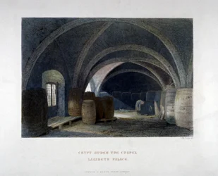 Crypte gevuld met vaten onder de kapel in Lambeth Palace, Londen, 1851