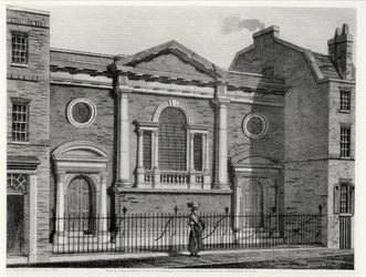 Kerk van St. Alphage, geëtst door J. Skelton voor de Architecturale Serie van Londense Kerken, uitgegeven door J. Booth, 1814