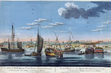 Uitzicht op de koninklijke dokken in Woolwich, op de linkeroever van de Theems (Engeland), in County Kent. Kleurgravure door John Clevely de Jongere (1747-1786)