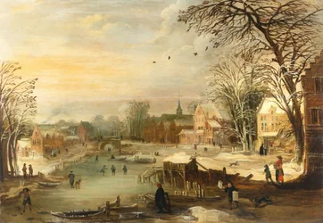 Winter dorpslandschap bij een bevroren rivier