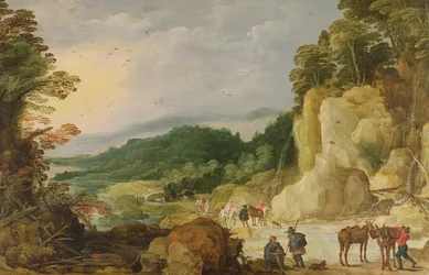 Een Berglandschap met een Waterval en Reizigers bij een Voorde