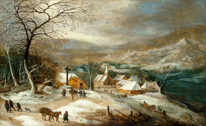 Winterlandschap met figuren op een weg bij een dorp