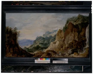 Een panoramisch berglandschap met gezellen die aan de armen geven, pakpaarden verderop