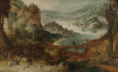 Rivierlandschap met zwijnenjacht