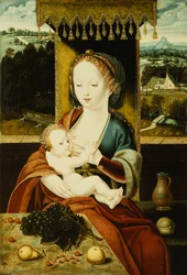 De Madonna en Kind, Zittend Onder een Baldakijn, aan een Tafel met Fruit, in een Landschap