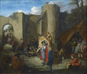 Een officier leest een brief in een militair kampement naast de muren van een kasteel