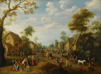 Een dorpskermesse met talrijke boeren die feest vieren