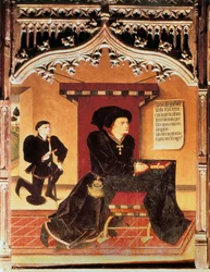 Portret van Inigo Lopez de Mendoza, Markies van SANTILLANA (1398-1458), Spaanse lyrische dichter. Collectie van de Spaanse hertogen. Schilderij door Jorge INGLES (15e eeuw)