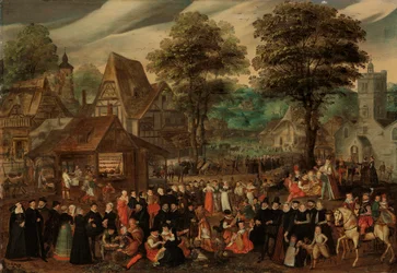 Een dorpsfeest met elegant geklede figuren in processie, een rivier en toren op de achtergrond