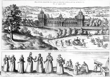 Aankomst van koningin Elizabeth I in Nonesuch Palace en mannen en vrouwen uit de Tudor-samenleving, 1582