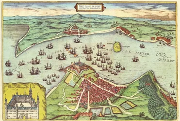 Elsinore, Denemarken, uit Civitates Orbis Terrarum door Georg Braun (1541-1622) en Frans Hogenburg (1535-90), ca. 1572