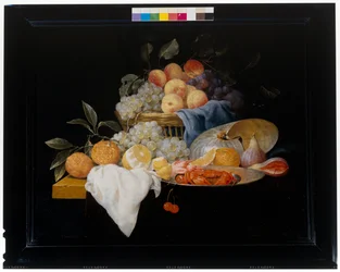 Stilleven met fruit en garnalen