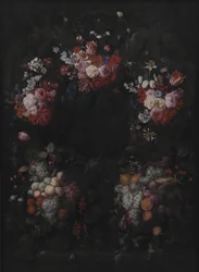Stenen cartouche met fruit- en bloemenguirlande