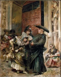 La sortie de la messe: twee vrouwen die de buik van een priester onderzoeken bij het verlaten van een kerk. Schilderij van Jose Denis Belgrano (1844-1917), 2e helft van de 19e eeuw. Olieverf op doek.
