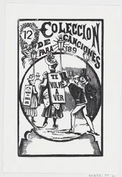Een man buigt zich voorover om naar een vrouw met een bord op haar rug te kijken, illustratie voor, ca. 1890